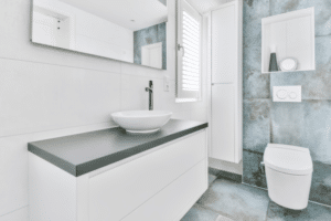 Modern bathroom featuring large-format tiles