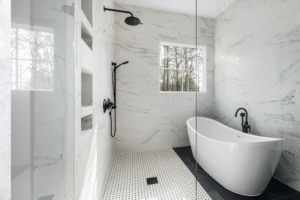 Large-format tile bathroom wall in Windsor, CO homes