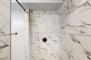 Large tile bathroom wall in Windsor CO showing installed large-format tile design