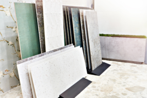 Large format tile designs displayed in showroom