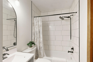 Modern minimalist bathroom interior design inspired by finished basement bathroom ideas in Windsor, CO